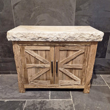 Lombok Teakholz Unterschrank mit Waschtisch, schlichtes Naturdesign für Badgestaltung, sichtbare Holzmaserung und moderne Form.