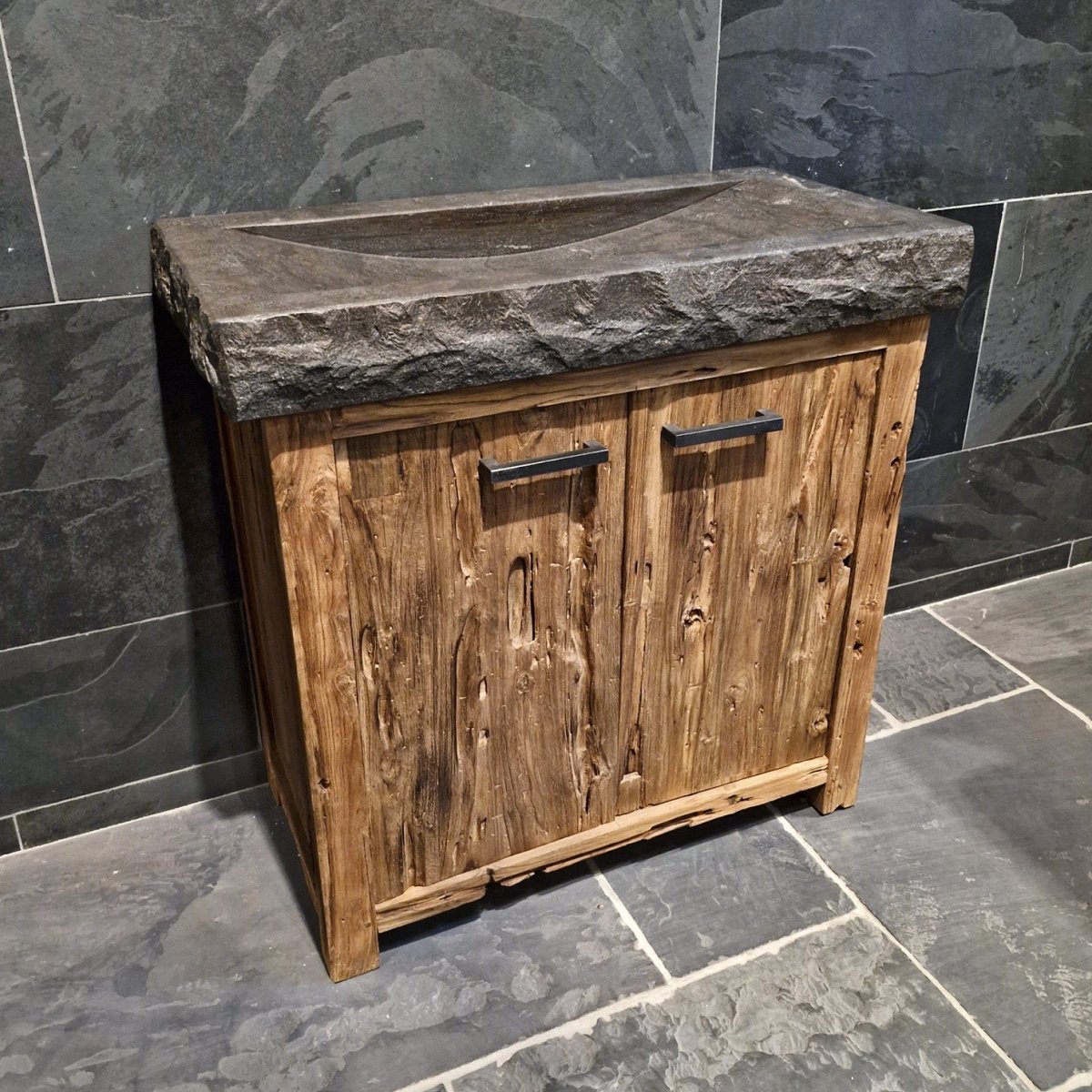 Badezimmermöbel mit Waschtisch aus natürlichem Massivholz, Bantam Modell 7, modernes Badgestaltungselement.