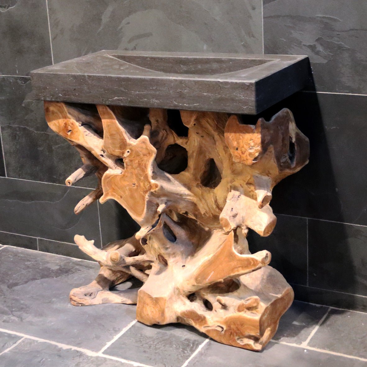 Badezimmermöbel mit Waschtisch Bilbao aus Teakholz und Blaustein, stilvolle Badgestaltung von WURZELHOLZ KONSOLE