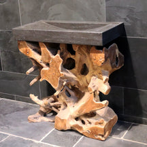 Badezimmermöbel mit Waschtisch Bilbao aus Teakholz und Blaustein, stilvolle Badgestaltung von WURZELHOLZ KONSOLE