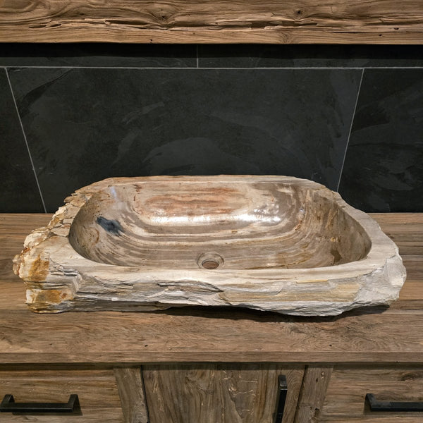Wasbak van versteend hout | Natuursteen | Unieke stukken | 80-100 cm