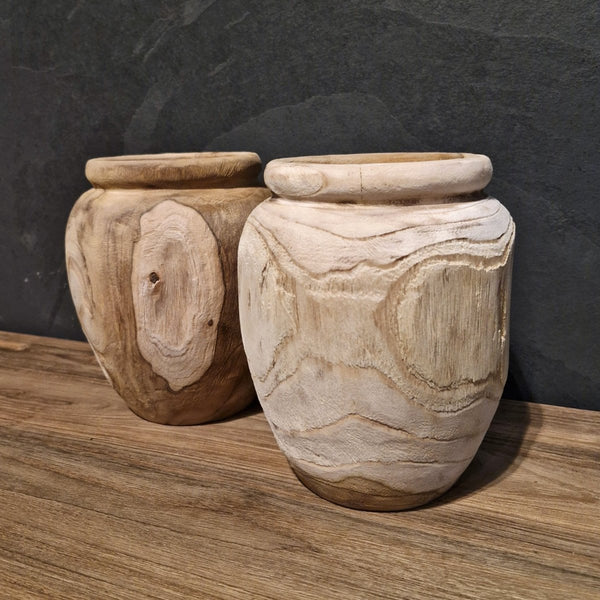 - Kleine Vase aus recyceltem Teakholz, Mix oder hell - Mixholz Vase - Badgestaltung | Afrika Naturstein