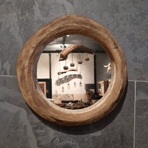 Moderner Badspiegel aus recyceltem Teakholz, Durchmesser 55 cm, 7 cm tief, WANDSPIEGEL Badgestaltung