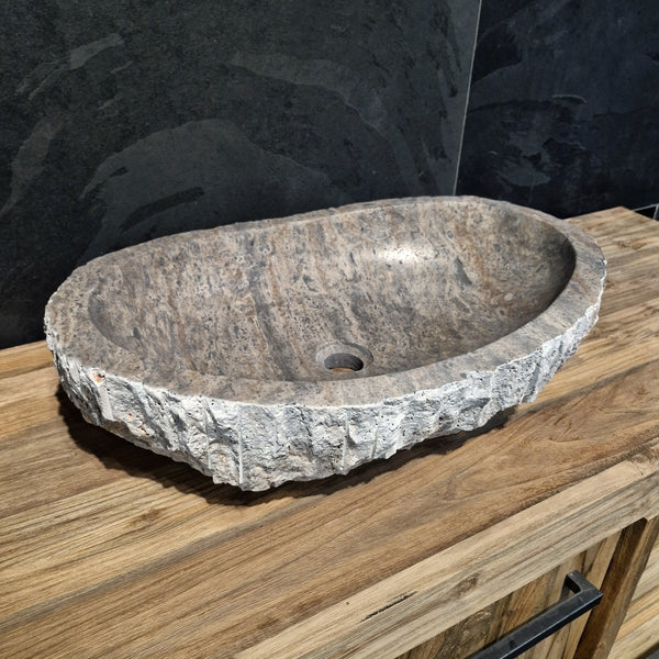  - WAVE | Waschbecken | Silber Travertin roh - 60 x 40 x 13 - 15 cm - Badgestaltung | Afrika Naturstein
