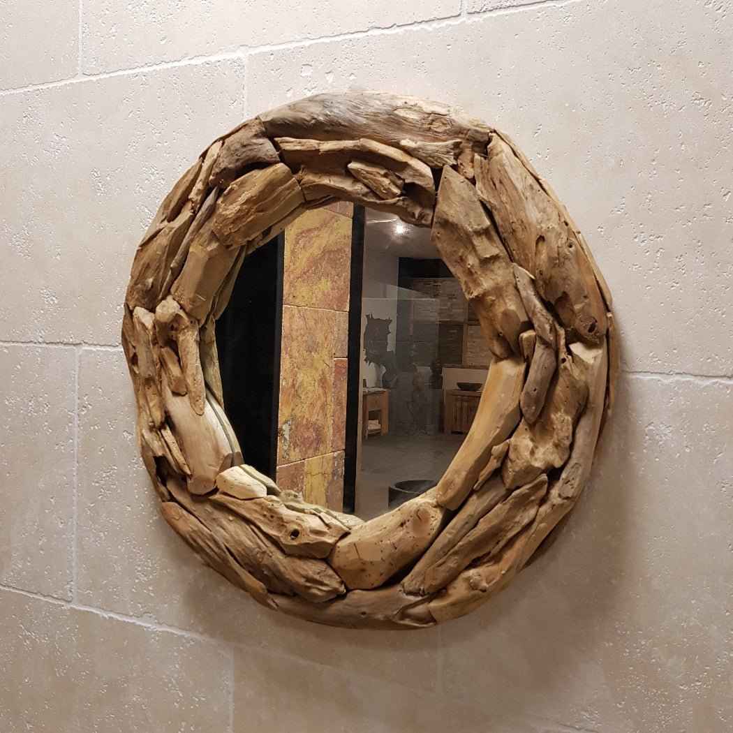Runder Wandspiegel Badspiegel aus recyceltem Teakholz, Durchmesser 70 cm, für Badgestaltung, von WURZELHOLZ