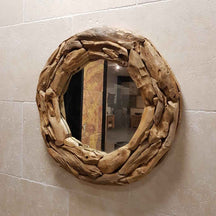 Runder Wandspiegel Badspiegel aus recyceltem Teakholz, Durchmesser 70 cm, für Badgestaltung, von WURZELHOLZ