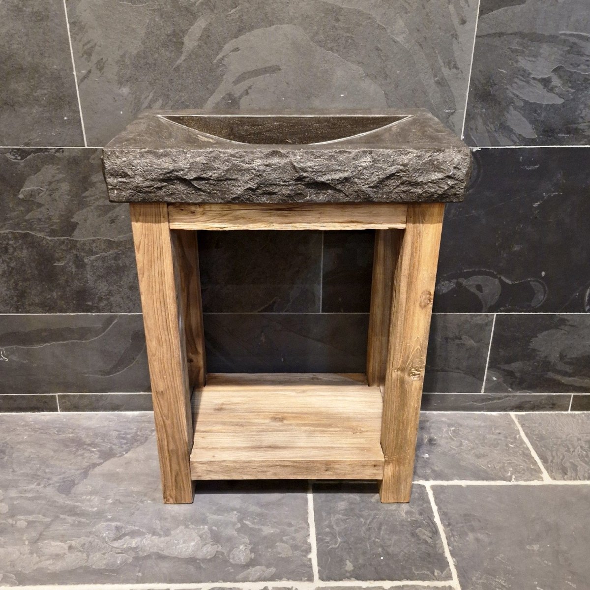 Badezimmermöbel mit Waschtisch aus Teak und Blaustein grob, Untertisch für Badgestaltung von Denpasar