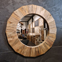 Recycelter Wandspiegel aus Teakholz, Badspiegel von Baumstumpf in verschiedenen Größen für moderne Badgestaltung
