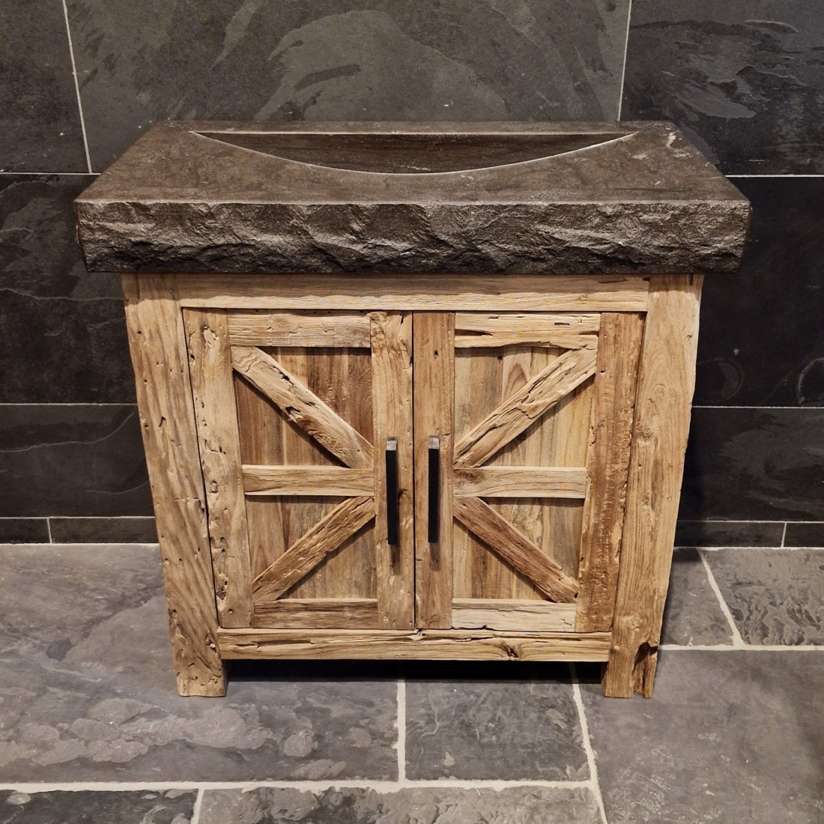 Lombok Teakholz Unterschrank mit Waschtisch, modernes Badmöbel im natürlichen Design, klare Linien und warme Holzoptik
