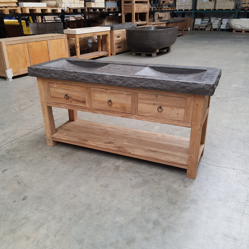 Waschtisch mit Unterschrank aus recyceltem Teakholz, Waschbeckenunterschrank mit Blaustein-Waschbecken, Doppelwaschtisch, Maße 170 x 55 x 80 cm, rustikales Holz, Badezimmerschrank