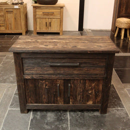 Unterschrank aus recyceltem Teakholz, handgefertigt mit einer Schublade und zwei Türen, rustikales Design, erhältlich in Breiten von 80 cm, 100 cm und 120 cm, einzigartiges Naturprodukt