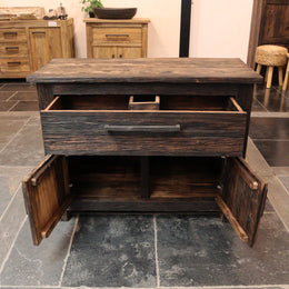 Unterschrank aus recyceltem Teakholz, handgefertigt mit einer Schublade und zwei Türen, rustikales Design, erhältlich in Breiten von 80 cm, 100 cm und 120 cm, einzigartiges Naturprodukt