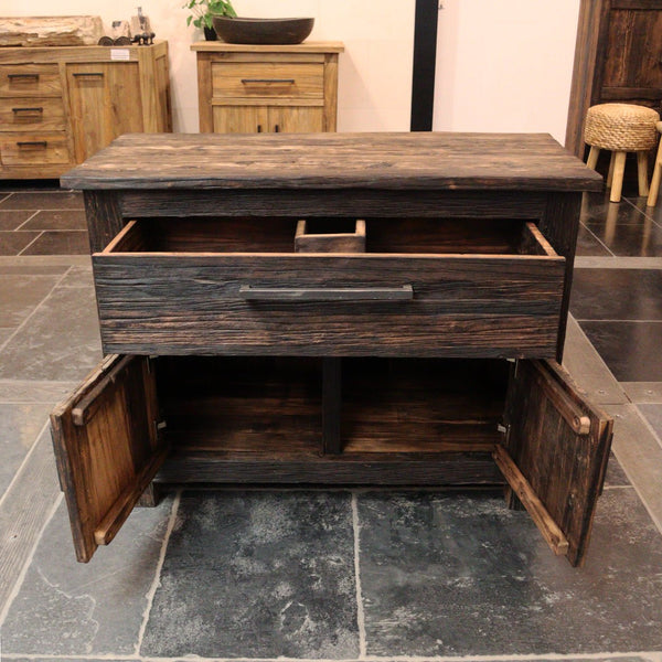 Unterschrank aus recyceltem Teakholz, handgefertigt mit einer Schublade und zwei Türen, rustikales Design, erhältlich in Breiten von 80 cm, 100 cm und 120 cm, einzigartiges Naturprodukt