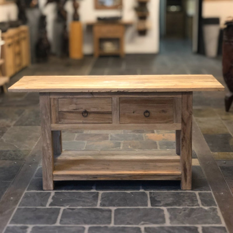 Badezimmerschrank aus recyceltem Teakholz, Unterschrank mit zwei Schubladen, rustikales Sideboard, handgefertigt aus Altholz, geeignet als Waschbeckenunterschrank oder Flurschrank, einzigartiges Naturprodukt