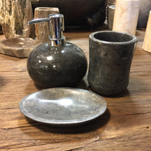 Schwarzes Marmor Badaccessoires-Set mit Seifenspender, Seifenschale, Zahnputzbecher, rund, 3-teilig, naturstein design