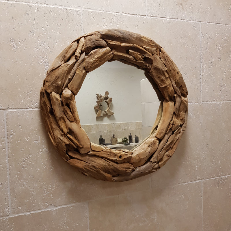 Wandspiegel rund für Bad oder Flur mit Teak Rahmen